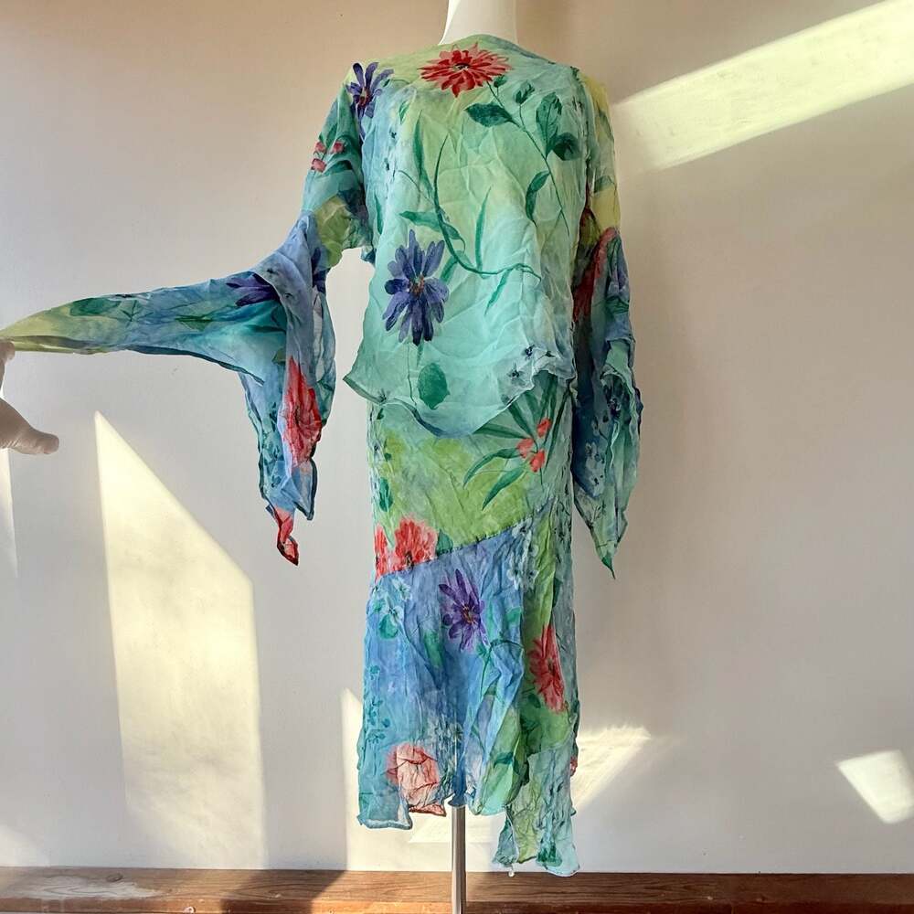 Vintage Phool 2-Piece Set Sheer Rayon Floral Bell Sleeve Blouse & Asymmetrical S